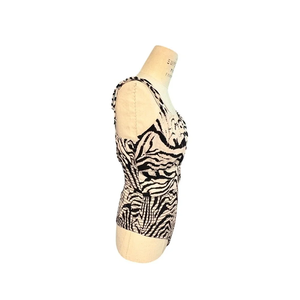 Zebra Print Smocked Bodysuit Black Cream Tie Strap Women Med Going out Animalier - Picture 2 of 8